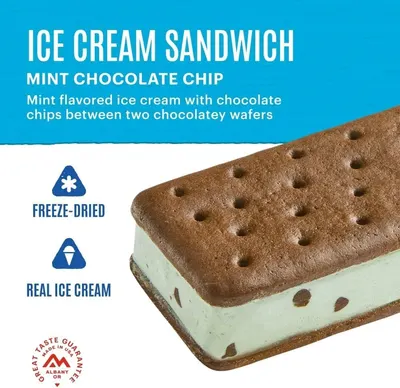 Communicates multiple distinct selling points of the ice cream sandwich: freeze-dried technology, real ice cream ingredients, and the specific flavor/composition, all presented in a visually…