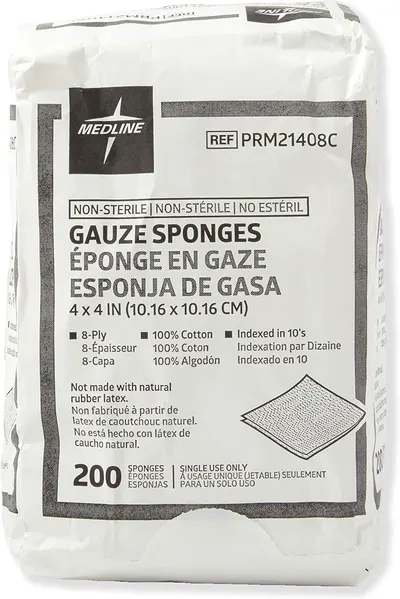 Communicates the quantity and key specifications of the gauze sponges included in the package, helping shoppers understand what they receive and the product's material quality.