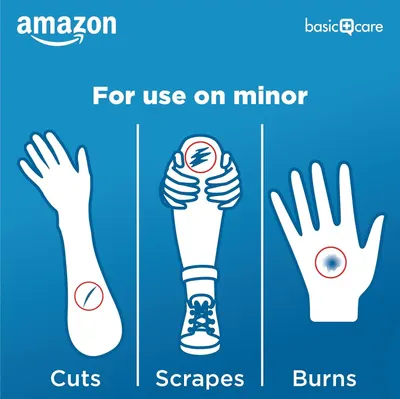Demonstrates the product's versatility by showing three different types of minor injuries it can treat, reassuring shoppers of its broad applicability for first aid needs.