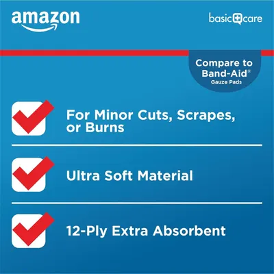 Communicates three distinct product benefits in a segmented checklist layout to show shoppers why this gauze pad is effective and versatile for wound care.