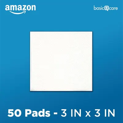 Communicates the package contents (50 pads) and the physical dimensions (3 IN x 3 IN) to help shoppers understand what they will receive and the size of each pad.