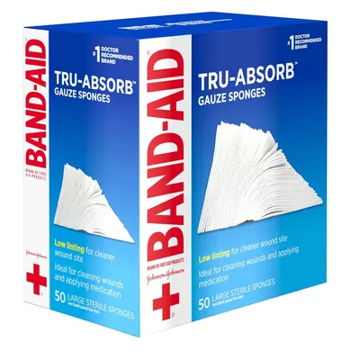 Shows the product packaging and quantity included (50 sterile gauze sponges) to help shoppers understand what they receive when purchasing this medical supply kit.