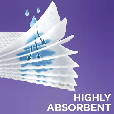 Demonstrates the product's superior absorbency by showing liquid being drawn into the layered material structure, reassuring shoppers of its effectiveness.
