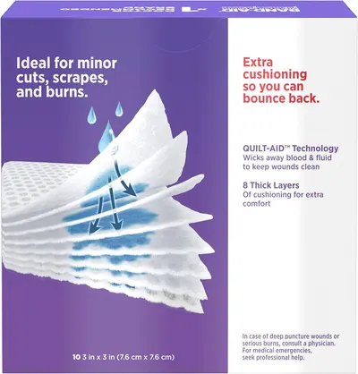 Demonstrates how the bandage's layered construction works to wick away blood and fluid while providing extra cushioning, reassuring shoppers of its superior wound care technology. Highlights…