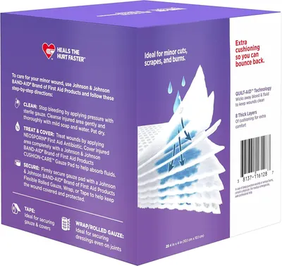 Communicates multiple distinct benefits of the bandage product including faster healing, cushioning, fluid-wicking technology, and thickness to reassure shoppers of comprehensive wound care.