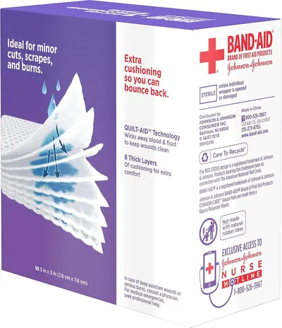 Demonstrates the internal structure and technology of the bandage, showing how the 8-layer cushioning system wicks away blood and fluid to keep wounds clean and provide extra comfort. Communicates…