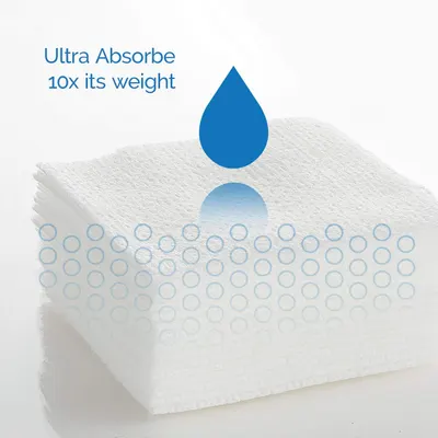 Communicates the product's superior absorbency performance with a quantifiable metric to reassure shoppers of its effectiveness. Highlights the key benefit of ultra-absorbency in a clean, simple…