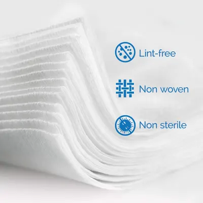 Communicates three distinct product characteristics (lint-free, non-woven, non-sterile) to inform shoppers about the material properties and quality features of the product.