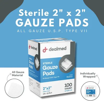 Communicates multiple key product features including the all-gauze construction, individual sterile packaging, and medical-grade specifications to reassure healthcare professionals and consumers of…