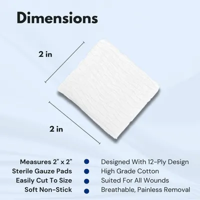 Communicates the exact physical size of the gauze pad (2 inches x 2 inches) to help shoppers understand the product's dimensions and suitability for their needs. Highlights multiple distinct product…