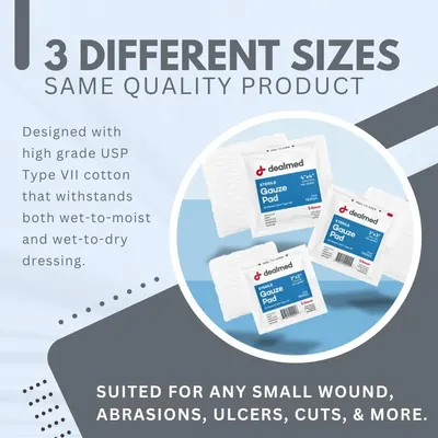 Showcases the brand's product lineup by displaying three different size options of the same gauze pad product, helping shoppers understand the available variants and choose the right size for their…