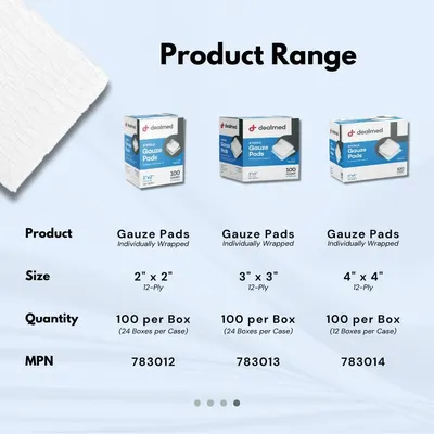 Displays the brand's product range of sterile gauze pads in three different sizes, helping shoppers compare options and choose the right size for their needs.