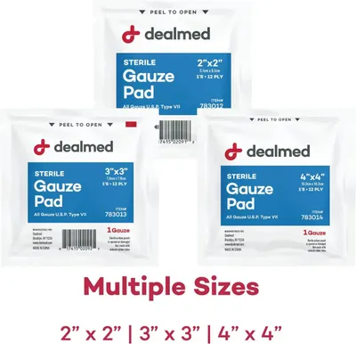 Showcases the brand's product lineup by displaying three different size options of sterile gauze pads, helping shoppers understand the available size variants and choose the right one for their needs.