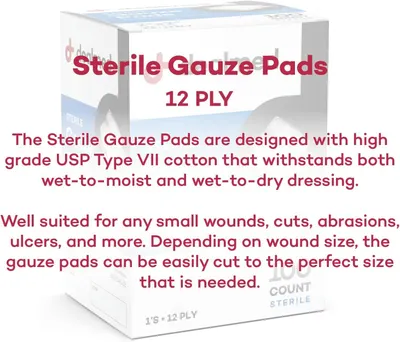 Communicates the premium material quality and versatility of the gauze pads for various wound dressing applications, reassuring shoppers of the product's medical-grade effectiveness.