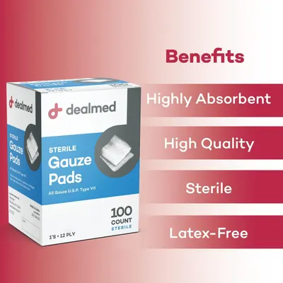 Communicates multiple key benefits of the gauze pads in a segmented layout to reassure shoppers of the product's quality, safety, and performance features.