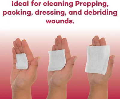 Demonstrates the versatility of the gauze product by showing it can be used for cleaning, prepping, packing, dressing, and debriding wounds across multiple medical scenarios.