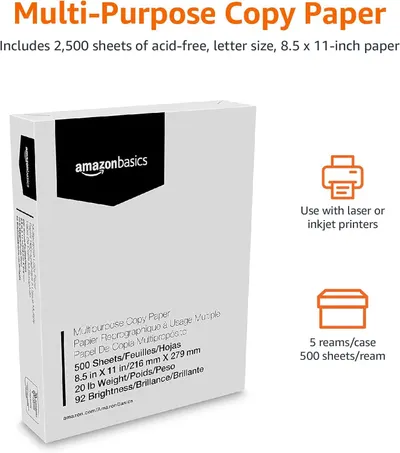 Communicates multiple key product specifications and benefits in a segmented layout: the total quantity included, compatibility with different printer types, and convenient packaging breakdown to…