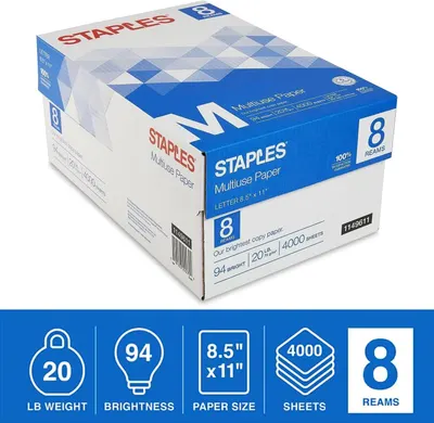 Communicates multiple key product specifications in a visually segmented icon layout to help shoppers quickly understand the paper's weight, brightness, size, total sheets, and package quantity.