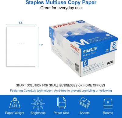 Communicates the exact physical dimensions of the paper sheets to help shoppers confirm it's standard letter size for their printer or office needs. Highlights multiple product specifications and…