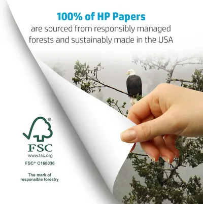 Communicates the brand's environmental responsibility by highlighting that 100% of HP papers are sourced from responsibly managed forests, FSC certified, and sustainably made in the USA to reassure…