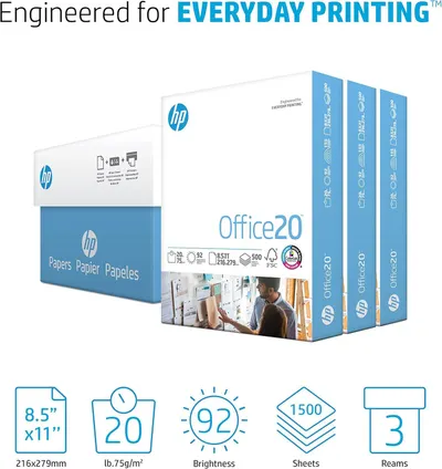 Communicates multiple key specifications of the HP Office20 paper product in a segmented icon layout to help shoppers quickly understand the product's technical features and quantity.