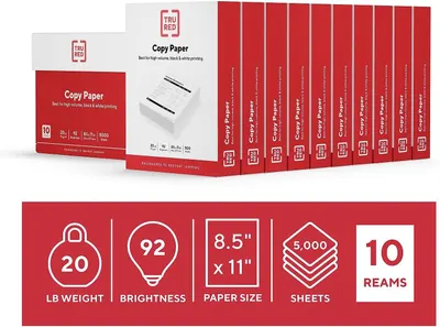 Communicates multiple key product specifications in a visually segmented layout to help shoppers quickly understand the paper's weight, brightness, size, quantity, and packaging format.