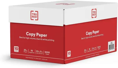 Communicates the product's key quantifiable specifications—quantity (10 reams, 5000 sheets), brightness rating (92), and paper weight (20 lb)—to help shoppers quickly assess capacity and quality.