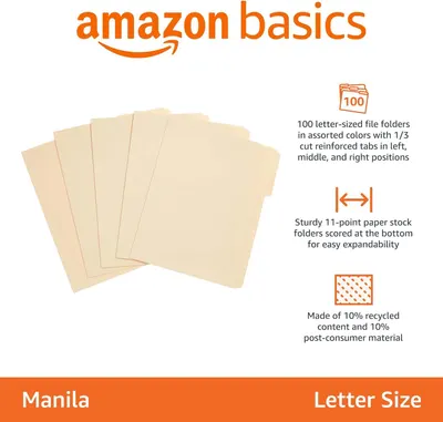 Communicates multiple key product benefits including quantity, durability, and eco-friendliness to help shoppers understand the value and quality of the file folders.
