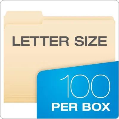 Communicates the physical size of the folders (letter size) and the quantity included (100 per box) to help shoppers understand what they are purchasing.