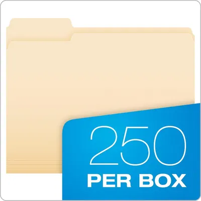 Communicates the high quantity of 250 folders per box to emphasize value and bulk capacity for shoppers looking for office supplies.