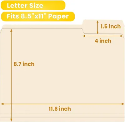 Communicates the exact physical dimensions of the file folder and confirms it fits standard 8.5x11 inch letter-size paper, helping shoppers verify compatibility with their needs.