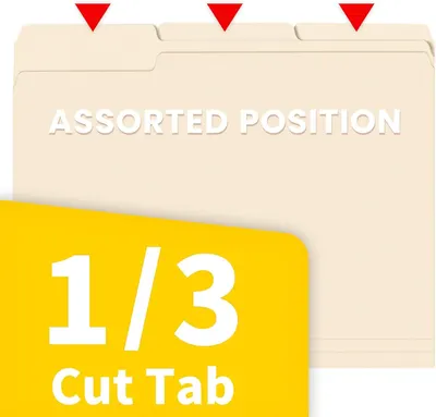 Highlights the organizational feature of the file folders, showing they have 1/3 cut tabs in assorted positions to help shoppers understand the product's filing and labeling capabilities.
