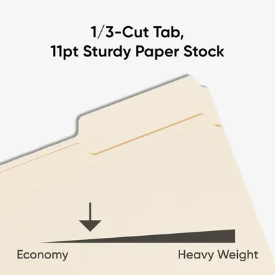 Communicates the premium quality and durability of the file folder by highlighting its heavy-weight 11pt paper stock construction, reassuring shoppers of its sturdiness compared to economy options.