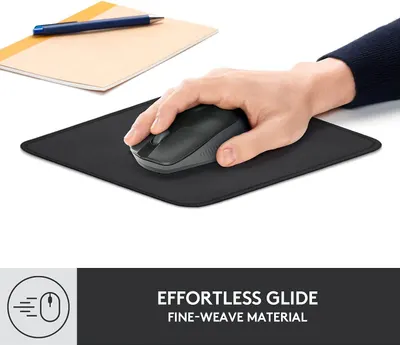 Communicates that the mouse pad provides smooth, effortless mouse movement due to its fine-weave material surface, reassuring shoppers of enhanced comfort and precision during use.