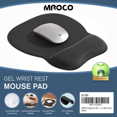 Communicates multiple distinct benefits of the mouse pad through a segmented layout with four circular callouts, each highlighting a different feature to reassure shoppers of comfort, ergonomics,…