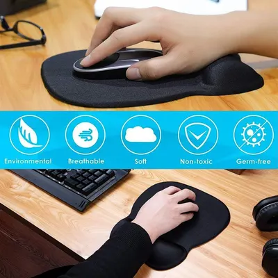 Communicates multiple material and safety benefits of the mouse pad with wrist rest to reassure shoppers about comfort, health, and quality.
