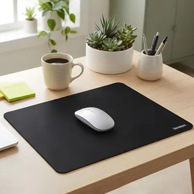 Demonstrates the product in a real-world office environment to help shoppers visualize how the mouse pad fits naturally into their workspace aesthetic.