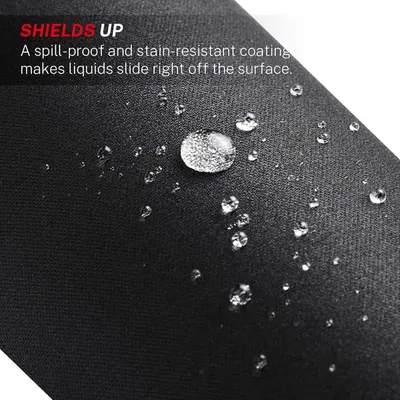 Demonstrates the product's waterproof and stain-resistant coating by showing water beading on the surface, reassuring shoppers that liquids won't penetrate or stain the material.