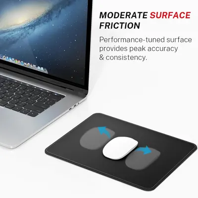 Communicates that the mouse pad's surface friction is optimized for accuracy and consistency, reassuring shoppers about precise mouse control and performance.
