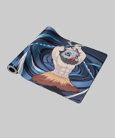 Displays the yoga mat with its unique anime-style design in a clean, distraction-free format to showcase the product's visual appeal and rolled portability.