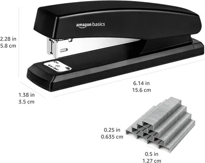 Communicates the exact physical dimensions of the stapler and staples to help shoppers understand the product's size and ensure it fits their workspace needs.