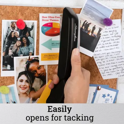 Demonstrates the product's ease of use for tacking photos and papers to a bulletin board, reassuring shoppers that it's simple and convenient to operate.