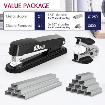 Shows everything included in the value package to help shoppers understand the complete bundle they will receive, emphasizing the comprehensive nature of the kit with multiple staple sizes and a…