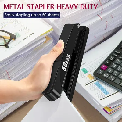 Communicates the stapler's heavy-duty performance capability by highlighting its ability to staple up to 50 sheets at once, reassuring shoppers of its strength and suitability for high-volume office…