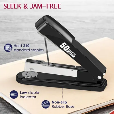 This image breaks down the stapler's key physical features and functional components to help shoppers understand its construction and practical design elements.