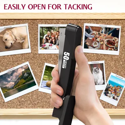 Communicates that the stapler device is easy to open for tacking photos or documents, emphasizing convenience and user-friendly design.