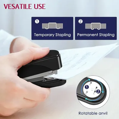 Demonstrates the product's versatility by showing two distinct stapling modes (temporary and permanent) and highlighting the rotatable anvil feature that enables switching between them. Communicates…