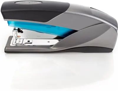 Provides a clean, catalog-style view of the stapler showing its modern design, ergonomic shape, and distinctive blue accent feature.
