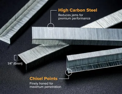 Highlights the physical components and material construction of the staples, showing how the high carbon steel reduces jams and the chisel points enable maximum penetration.