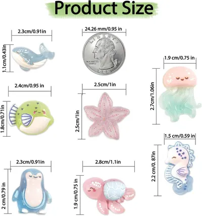 Communicates the exact physical size of each product piece using dimensional measurements and a quarter coin as a scale reference, helping shoppers understand how small these decorative items are.